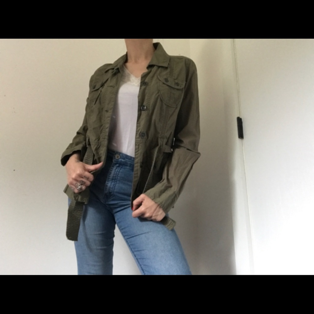 Calvin Klein Jeans Army Shirt/Jacket Y2K Button Down Tie Waist Olive Green - Picture 2 of 15